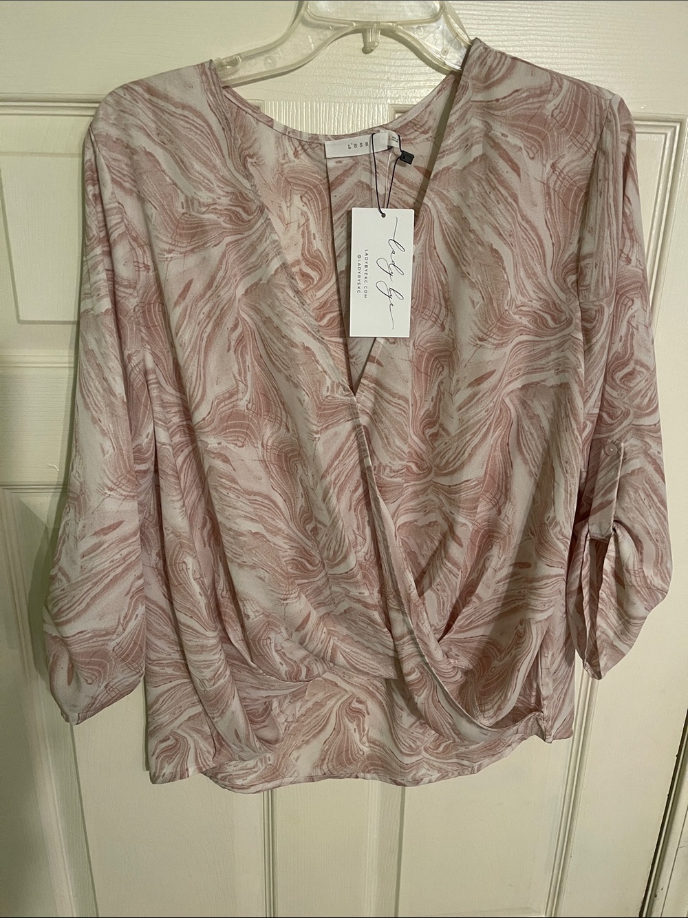 Lush Dusty Pink Marble Wrap-Front Blouse